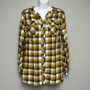 Duluth Trading Co Purple Folklore Plaid Flannel Button Up Tunic Shirt Womens XS